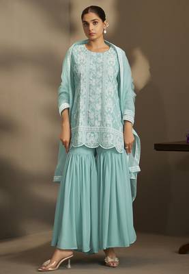 Women sky blue georgette schiffli embroidered straight kurta with sharara & net dupatta 3