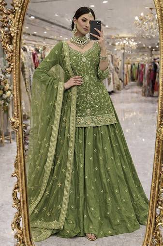 green silk blend embroidered sequin kurta and skirt set