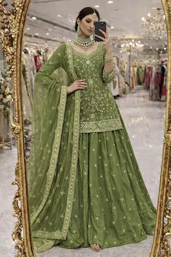 green silk blend embroidered sequin kurta and skirt set