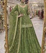 green silk blend embroidered sequin kurta and skirt set