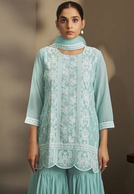 Women sky blue georgette schiffli embroidered straight kurta with sharara & net dupatta 4