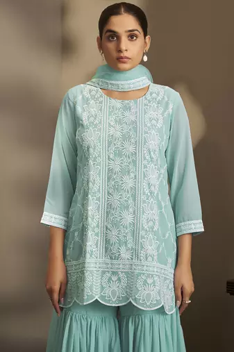 Women sky blue georgette schiffli embroidered straight kurta with sharara & net dupatta