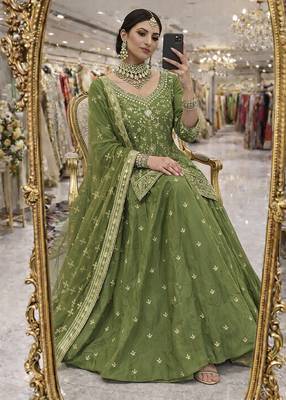 green silk blend embroidered sequin kurta and skirt set 2