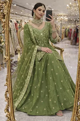 green silk blend embroidered sequin kurta and skirt set