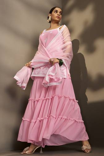 Women pink georgette schiffli embroidered straight kurta with sharara & net dupatta