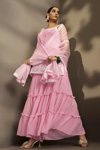 Women pink georgette schiffli embroidered straight kurta with sharara & net dupatta