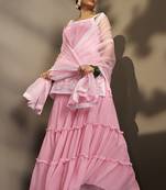 Women pink georgette schiffli embroidered straight kurta with sharara & net dupatta