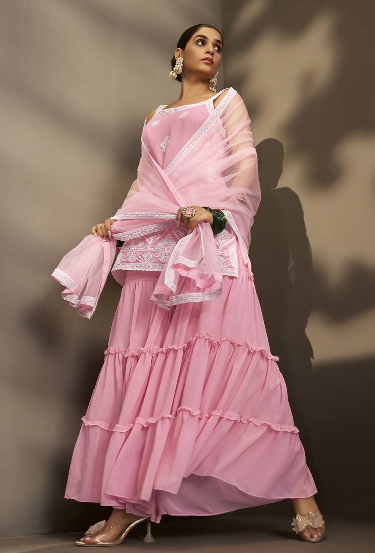 Women pink georgette schiffli embroidered straight kurta with sharara & net dupatta