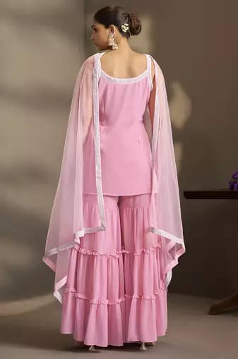 Women pink georgette schiffli embroidered straight kurta with sharara & net dupatta