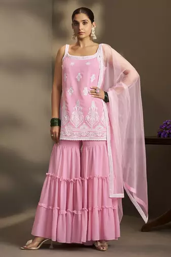 Women pink georgette schiffli embroidered straight kurta with sharara & net dupatta