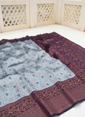 Grey nvay blue silk blend banarasi saree with unstitched blouse piece 3