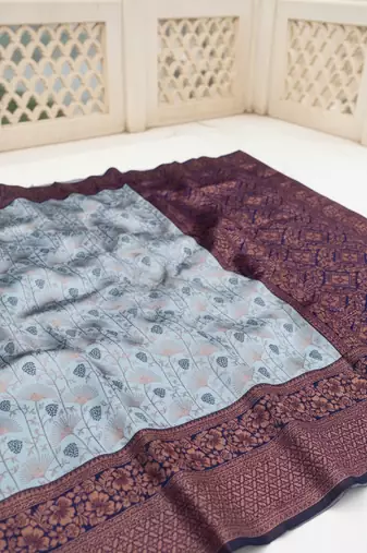 Grey nvay blue silk blend banarasi saree with unstitched blouse piece
