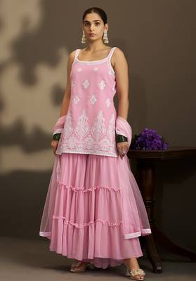 Women pink georgette schiffli embroidered straight kurta with sharara & net dupatta 4
