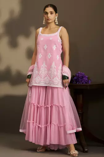 Women pink georgette schiffli embroidered straight kurta with sharara & net dupatta