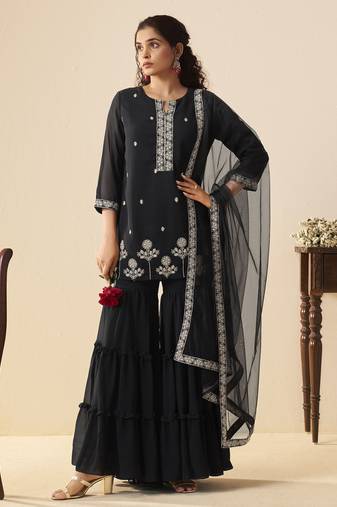 Women black georgette handwork embroidered straight kurta with sharara & net dupatta