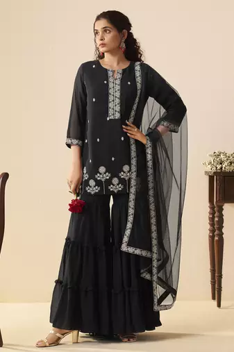 Women black georgette handwork embroidered straight kurta with sharara & net dupatta