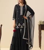 Women black georgette handwork embroidered straight kurta with sharara & net dupatta
