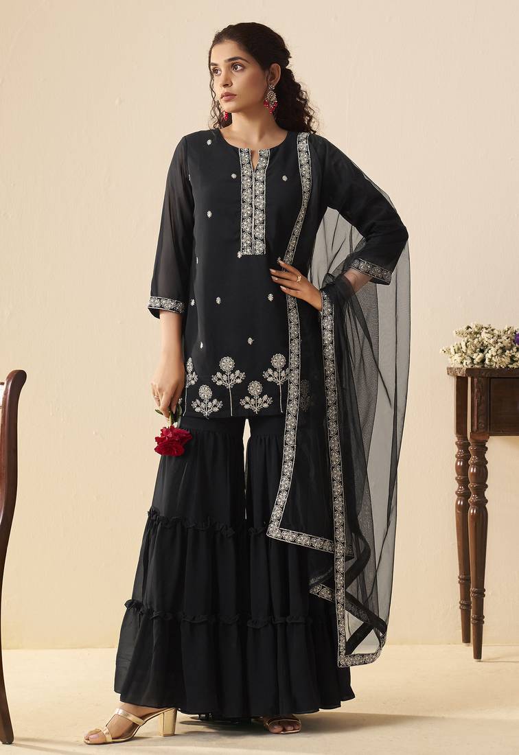 Women black georgette handwork embroidered straight kurta with sharara & net dupatta
