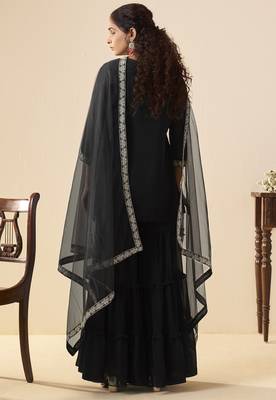 Women black georgette handwork embroidered straight kurta with sharara & net dupatta 2