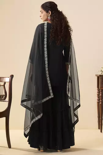 Women black georgette handwork embroidered straight kurta with sharara & net dupatta