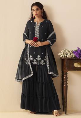 Women black georgette handwork embroidered straight kurta with sharara & net dupatta 3