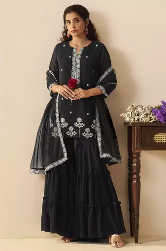 Women black georgette handwork embroidered straight kurta with sharara & net dupatta