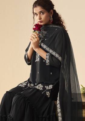 Women black georgette handwork embroidered straight kurta with sharara & net dupatta 4