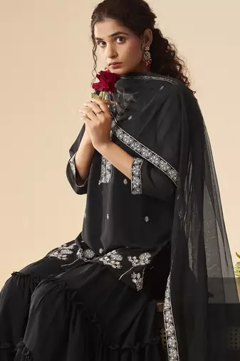 Women black georgette handwork embroidered straight kurta with sharara & net dupatta