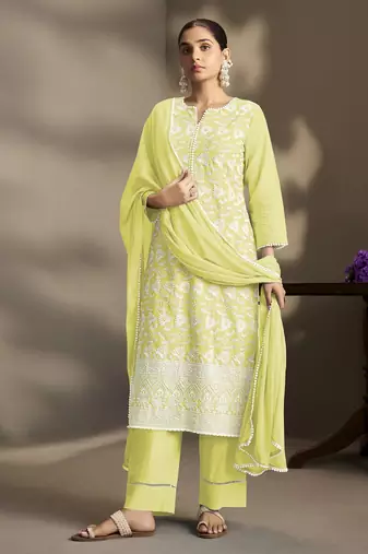Yellow pure cotton schiffli embroidered straight kurta set with cotton pants, inner & najmin chiffon dupatta