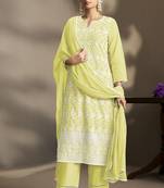 Yellow pure cotton schiffli embroidered straight kurta set with cotton pants, inner & najmin chiffon dupatta