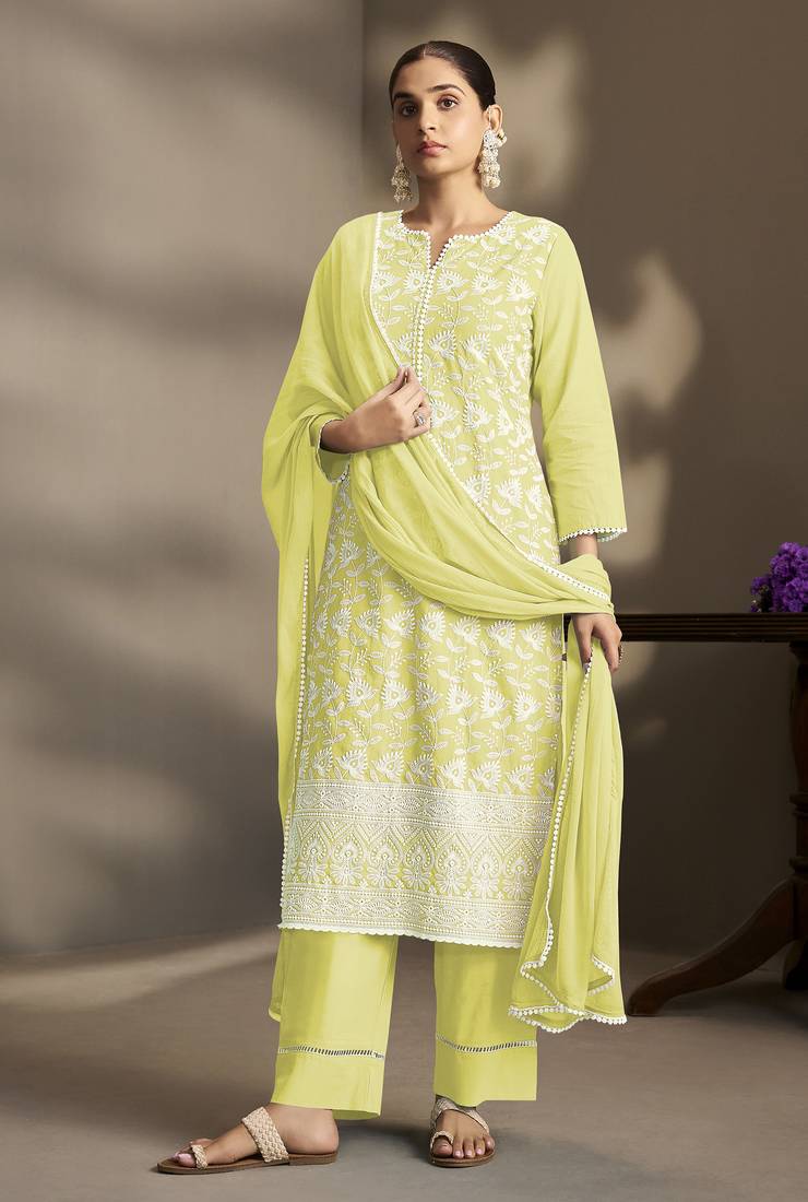 Yellow pure cotton schiffli embroidered straight kurta set with cotton pants, inner & najmin chiffon dupatta