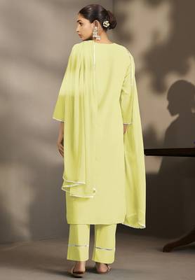 Yellow pure cotton schiffli embroidered straight kurta set with cotton pants, inner & najmin chiffon dupatta 2