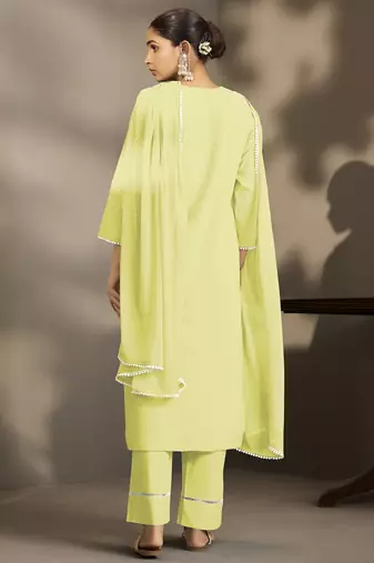 Yellow pure cotton schiffli embroidered straight kurta set with cotton pants, inner & najmin chiffon dupatta