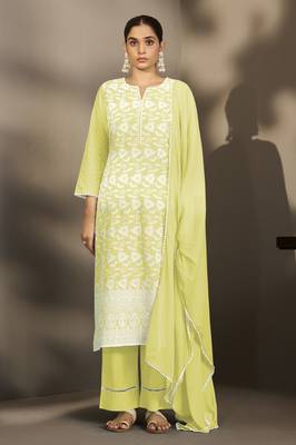 Yellow pure cotton schiffli embroidered straight kurta set with cotton pants, inner & najmin chiffon dupatta 3