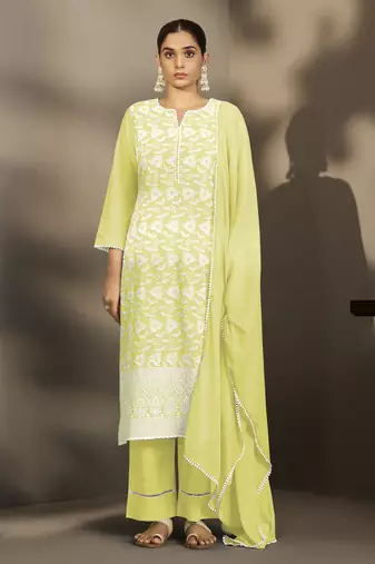 Yellow pure cotton schiffli embroidered straight kurta set with cotton pants, inner & najmin chiffon dupatta