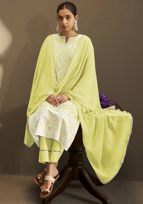Yellow pure cotton schiffli embroidered straight kurta set with cotton pants, inner & najmin chiffon dupatta 4