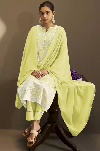 Yellow pure cotton schiffli embroidered straight kurta set with cotton pants, inner & najmin chiffon dupatta
