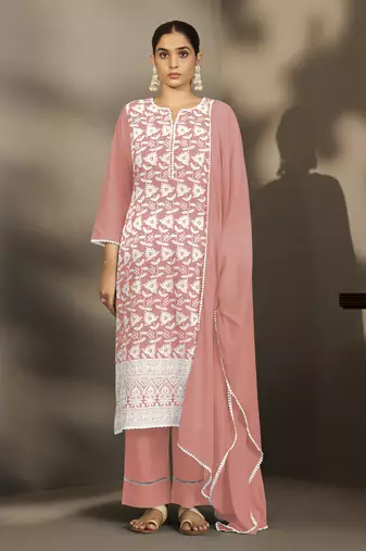 Peach pure cotton schiffli embroidered straight kurta set with cotton pants, inner & najmin chiffon dupatta