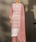 Peach pure cotton schiffli embroidered straight kurta set with cotton pants, inner & najmin chiffon dupatta