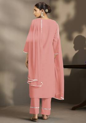 Peach pure cotton schiffli embroidered straight kurta set with cotton pants, inner & najmin chiffon dupatta 2