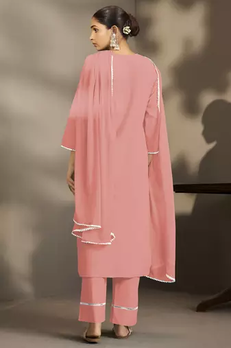 Peach pure cotton schiffli embroidered straight kurta set with cotton pants, inner & najmin chiffon dupatta