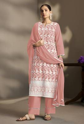 Peach pure cotton schiffli embroidered straight kurta set with cotton pants, inner & najmin chiffon dupatta 3