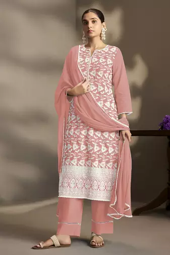 Peach pure cotton schiffli embroidered straight kurta set with cotton pants, inner & najmin chiffon dupatta