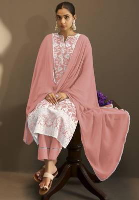 Peach pure cotton schiffli embroidered straight kurta set with cotton pants, inner & najmin chiffon dupatta 4
