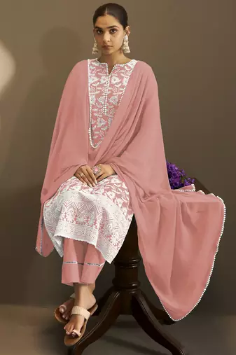 Peach pure cotton schiffli embroidered straight kurta set with cotton pants, inner & najmin chiffon dupatta
