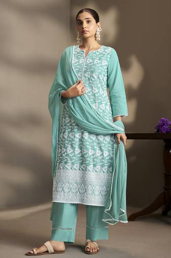 Sky blue pure cotton schiffli embroidered straight kurta set with cotton pants, inner & najmin chiffon dupatta