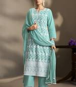 Sky blue pure cotton schiffli embroidered straight kurta set with cotton pants, inner & najmin chiffon dupatta