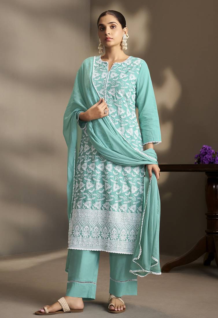 Sky blue pure cotton schiffli embroidered straight kurta set with cotton pants, inner & najmin chiffon dupatta