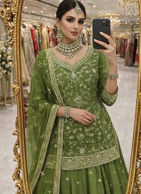 green silk blend embroidered sequin kurta and skirt set 3