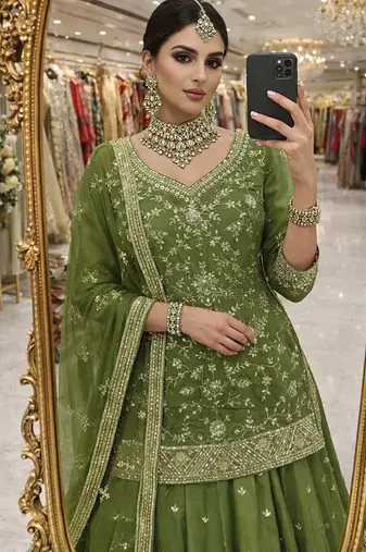 green silk blend embroidered sequin kurta and skirt set
